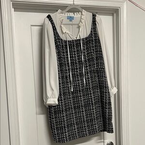 CeCe Black & White Tweed Long-Sleeve Pinafore Dress with Ruffle Blouse